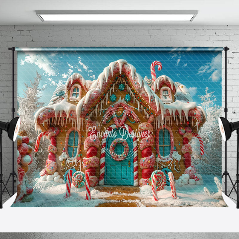 Aperturee - Aperturee Snowy Field Gingerbread House Christmas Backdrop