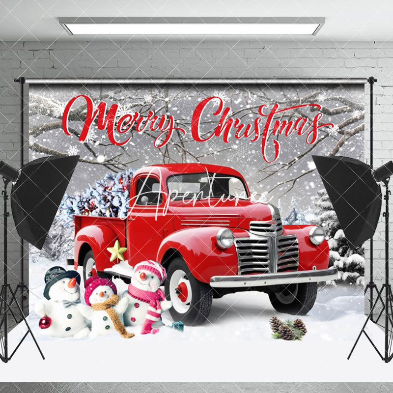 Aperturee - Aperturee Snowy Field Red Car Snowman Christmas Vibe Backdrop