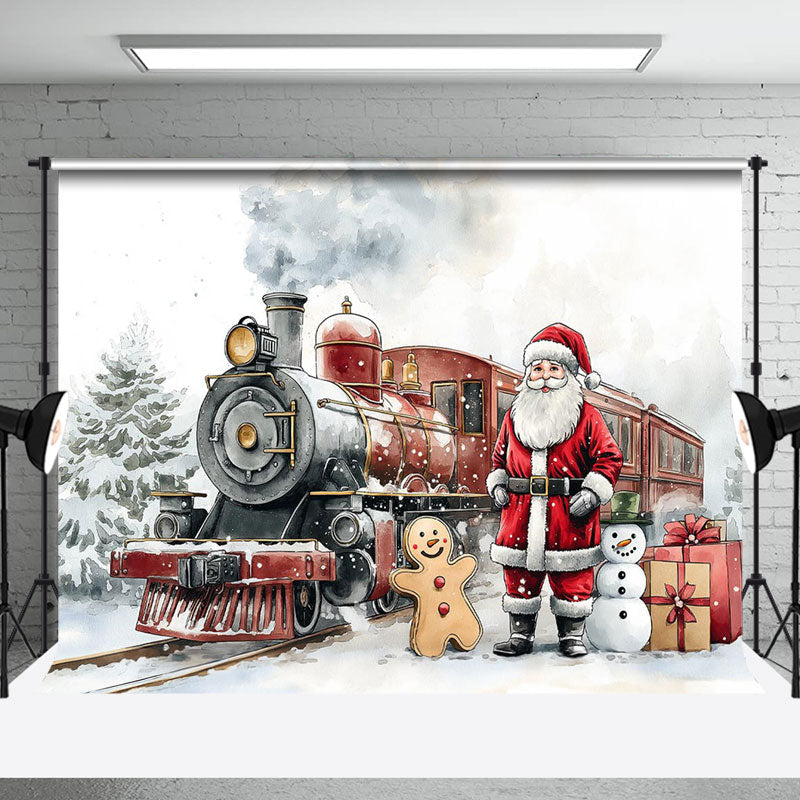 Aperturee - Aperturee Snowy Field Santa Train Gifts Christmas Backdrop