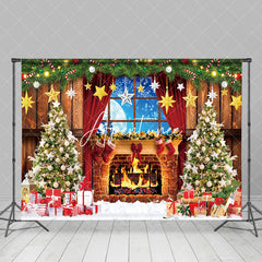 Aperturee - Aperturee Snowy Floor Brick Fireplace Night Christmas Backdrop