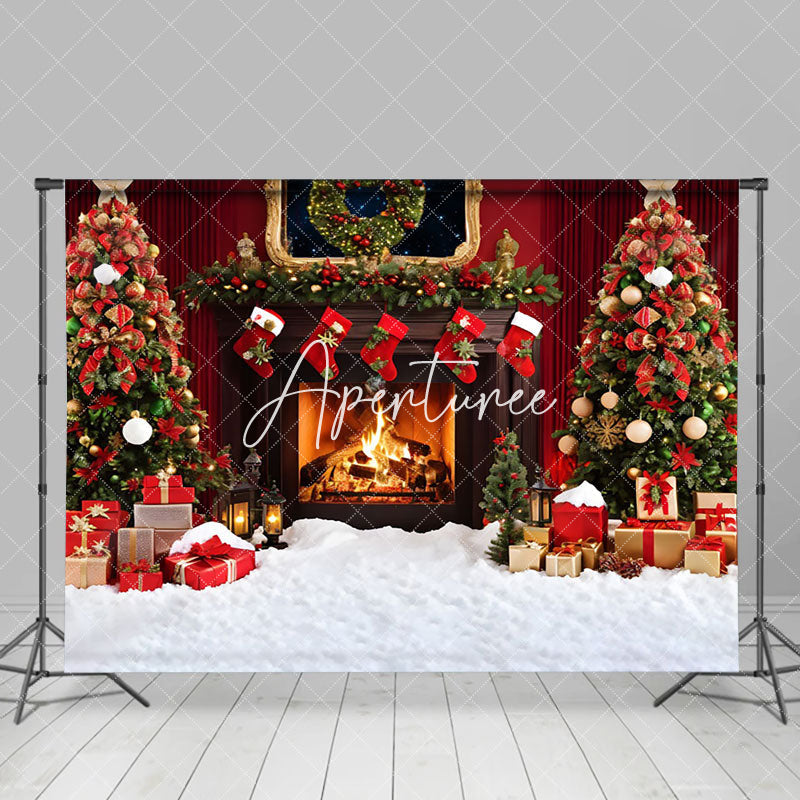 Aperturee - Aperturee Snowy Floor Fireplace Trees Merry Christmas Backdrop