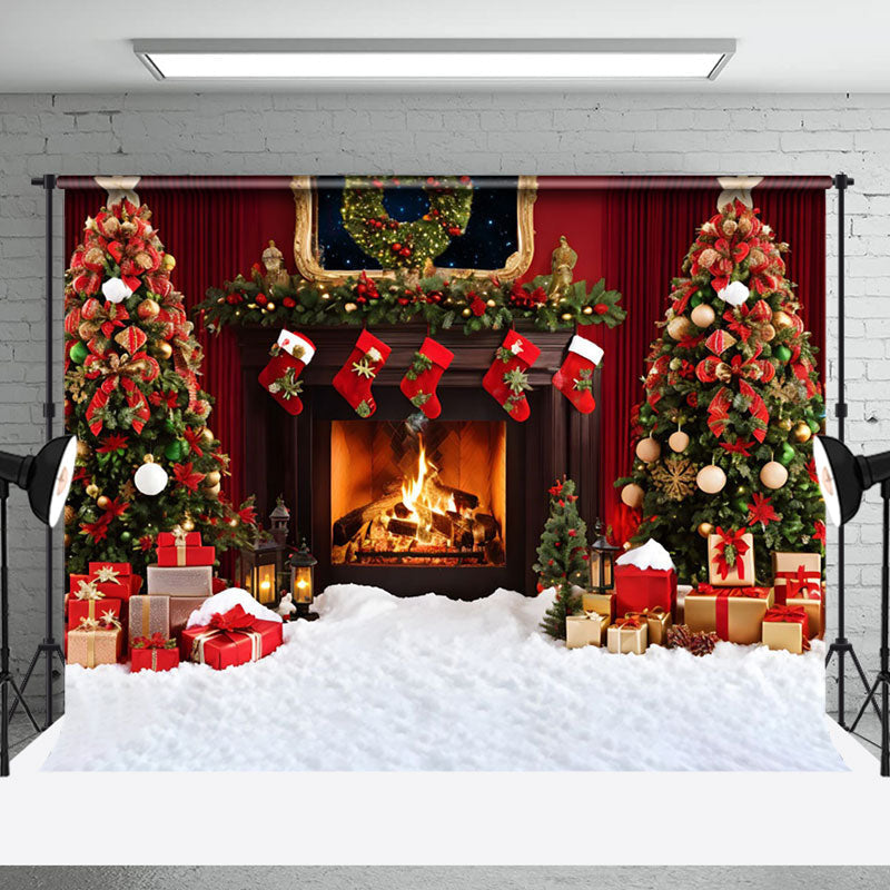 Aperturee - Aperturee Snowy Floor Fireplace Trees Merry Christmas Backdrop