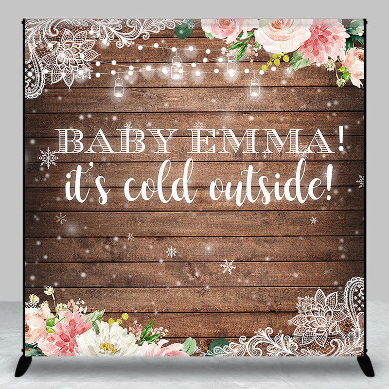 Aperturee - Aperturee Snowy Floral Wooden Custom Name Baby Shower Backdrop