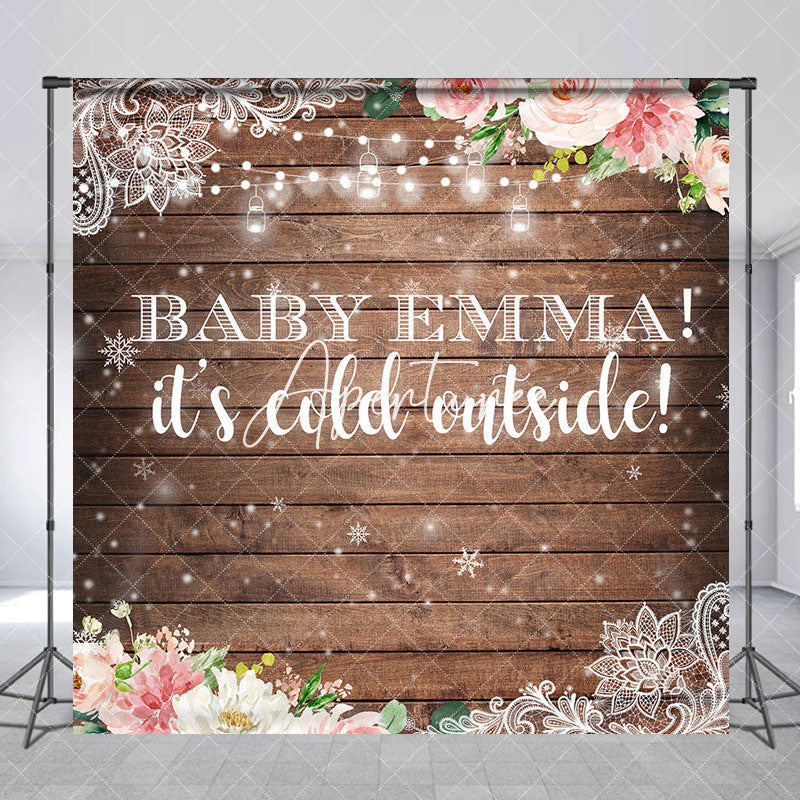 Aperturee - Aperturee Snowy Floral Wooden Custom Name Baby Shower Backdrop