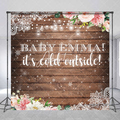 Aperturee - Aperturee Snowy Floral Wooden Custom Name Baby Shower Backdrop