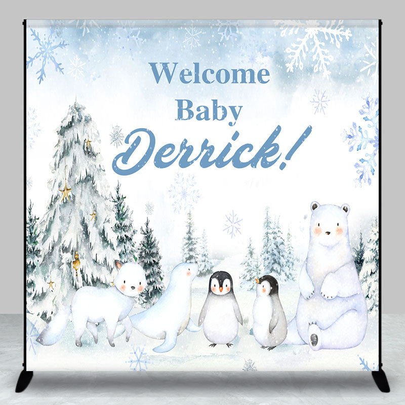 Aperturee - Aperturee Snowy Forest Animal Custom Name Welcome Baby Backdrop