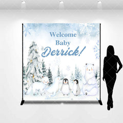 Aperturee - Aperturee Snowy Forest Animal Custom Name Welcome Baby Backdrop