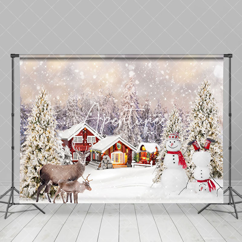 Aperturee - Aperturee Snowy Forest Elk Snowman Christmas Tree Backdrop