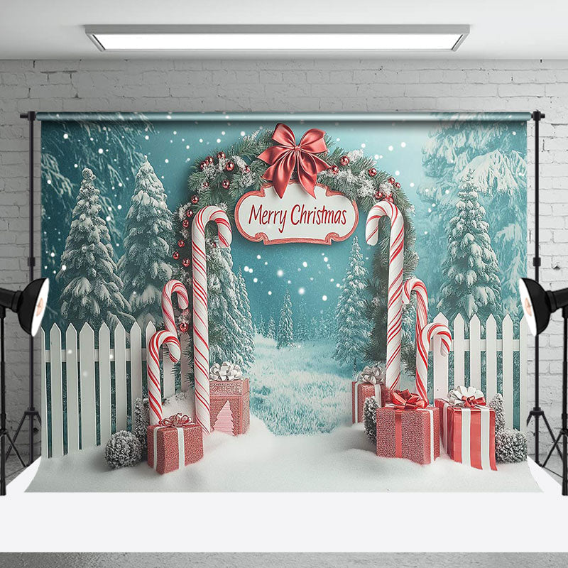 Aperturee - Aperturee Snowy Forest Fence Gifts Merry Christmas Backdrop