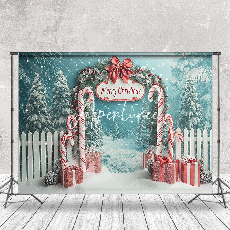 Aperturee - Aperturee Snowy Forest Fence Gifts Merry Christmas Backdrop