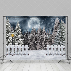 Aperturee - Aperturee Snowy Forest Fence Moon Night Winter Scene Backdrop