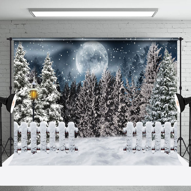 Aperturee - Aperturee Snowy Forest Fence Moon Night Winter Scene Backdrop