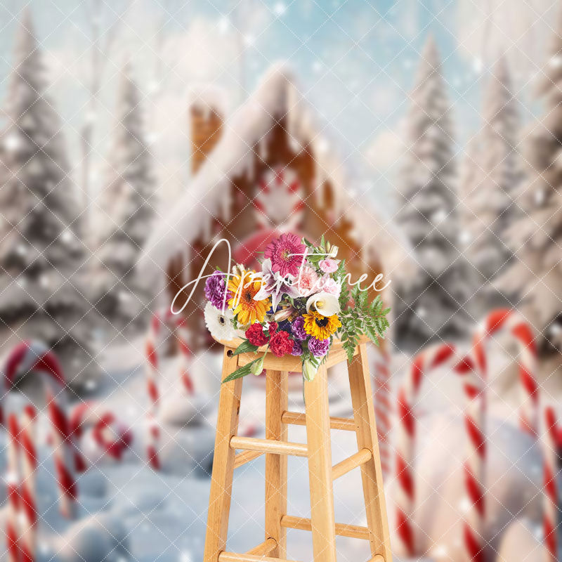 Aperturee - Aperturee Snowy Forest Gingerbread House Christmas Backdrop