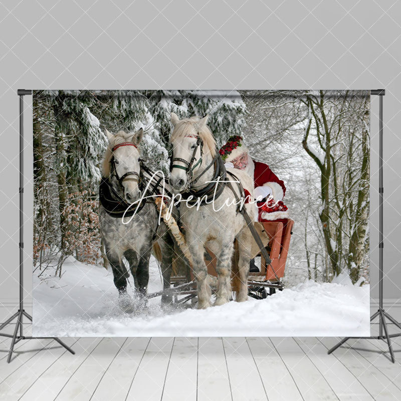 Aperturee - Aperturee Snowy Forest Realistic Horse Santa Christmas Backdrop