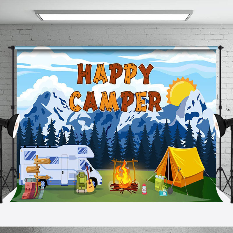 Aperturee - Aperturee Snowy Forest RV Happy Camper Vibe Birthday Backdrop