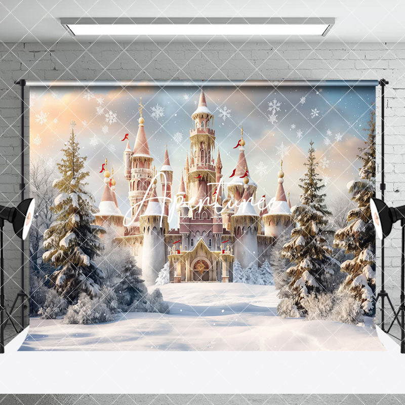 Aperturee - Aperturee Snowy Forest Scene Castle Christmas Room Set Backdrop