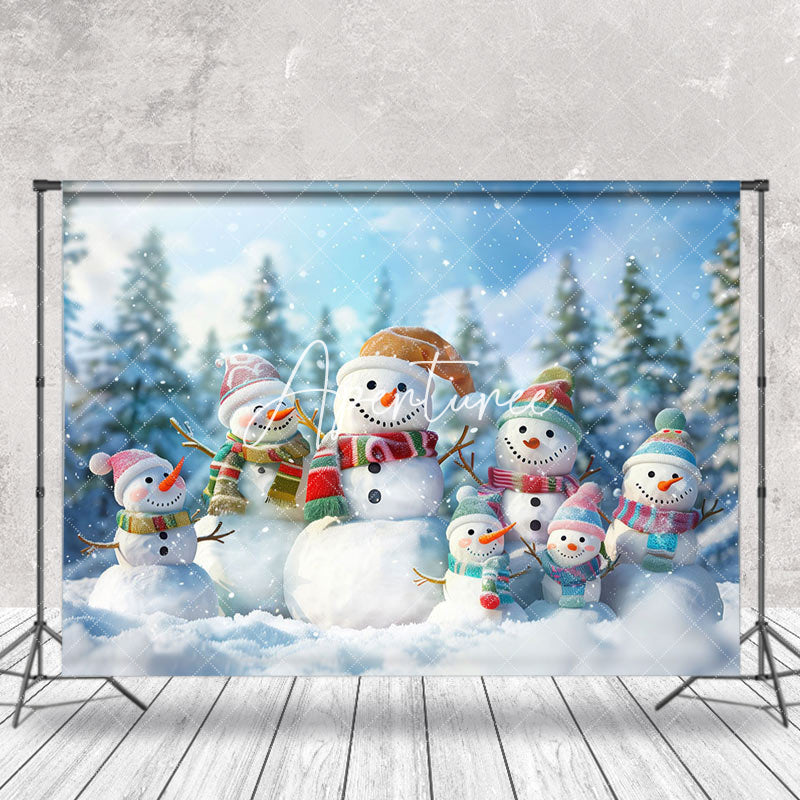 Aperturee - Aperturee Snowy Forest Snowman Family Winter Photo Backdrop