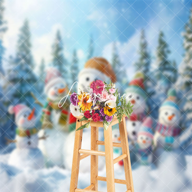 Aperturee - Aperturee Snowy Forest Snowman Family Winter Photo Backdrop