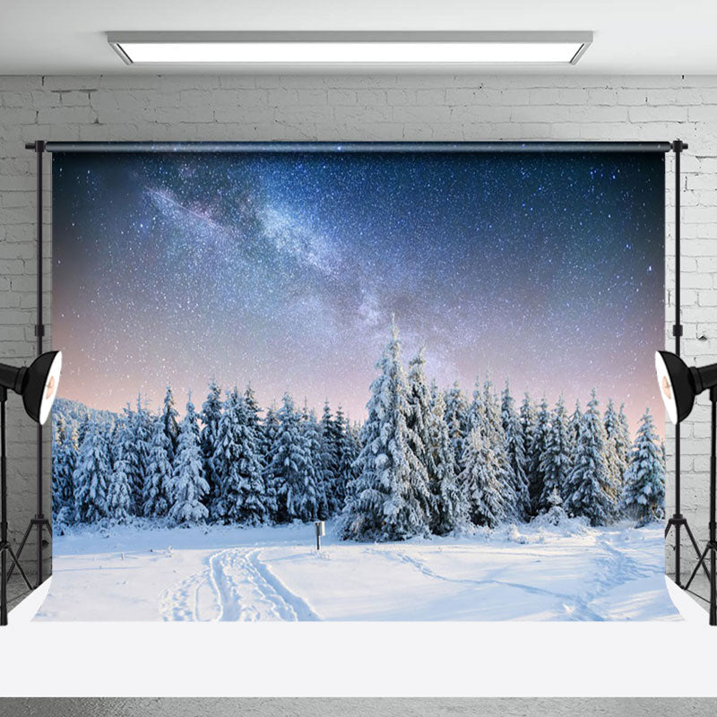 Aperturee - Aperturee Snowy Forest Starry Sky Sunset Winter Photo Backdrop