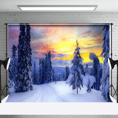 Aperturee - Aperturee Snowy Forest With Radiant Sky Winter Photo Backdrop