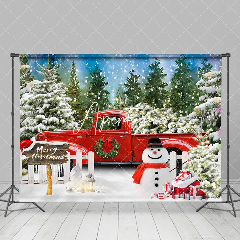 Aperturee - Aperturee Snowy Green Pine Forest Truck Snowman Xmas Backdrop