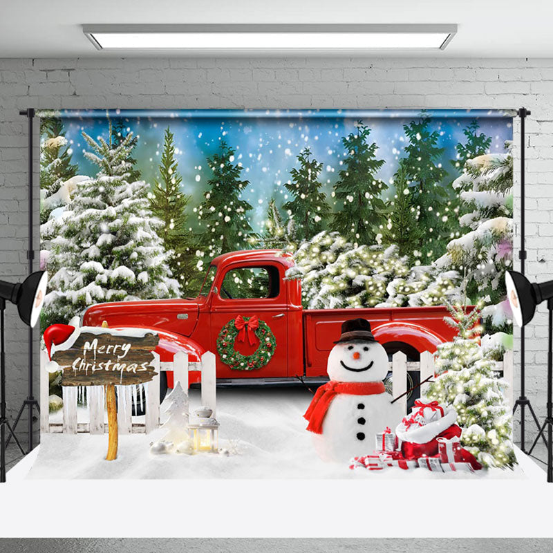 Aperturee - Aperturee Snowy Green Pine Forest Truck Snowman Xmas Backdrop