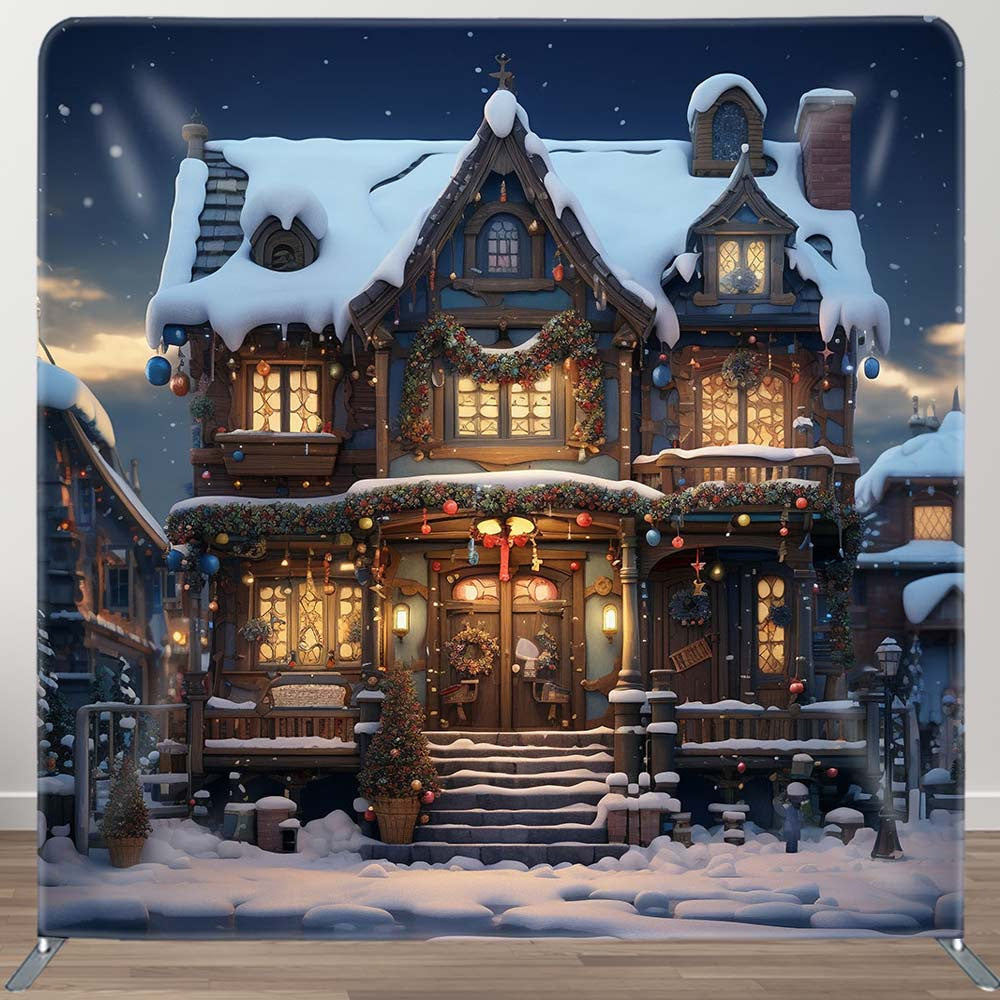 Aperturee - Aperturee Snowy House Dark Night Xmas Tension Fabric Backdrop