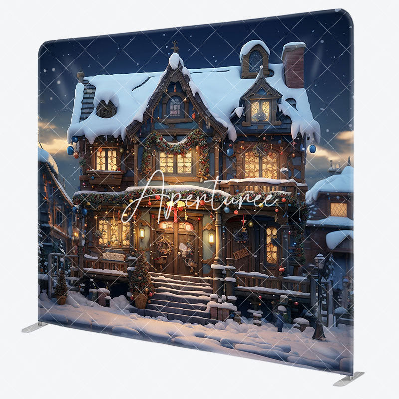 Aperturee - Aperturee Snowy House Dark Night Xmas Tension Fabric Backdrop