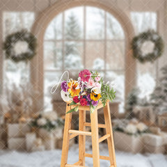 Aperturee - Aperturee Snowy Indoor Floral Tree Window Christmas Backdrop