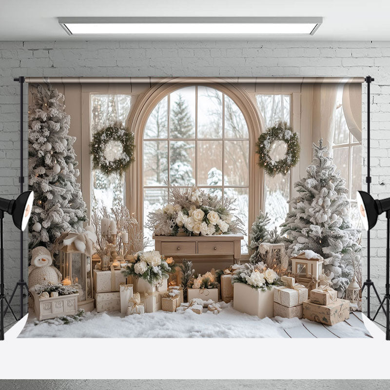 Aperturee - Aperturee Snowy Indoor Floral Tree Window Christmas Backdrop