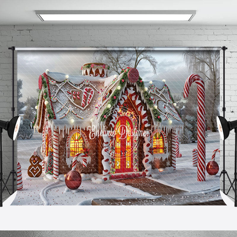 Aperturee - Aperturee Snowy Lighted Gingerbread House Christmas Backdrop