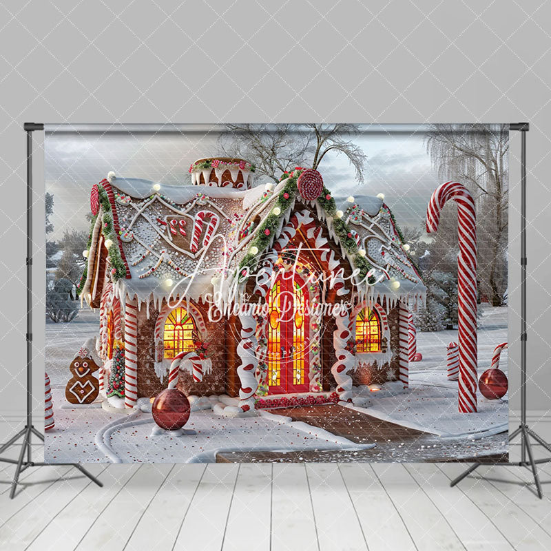 Aperturee - Aperturee Snowy Lighted Gingerbread House Christmas Backdrop