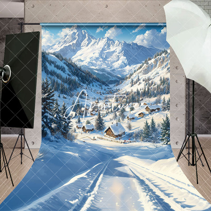 Aperturee - Aperturee Snowy Montain Wonderland White Winter Sweep Backdrop