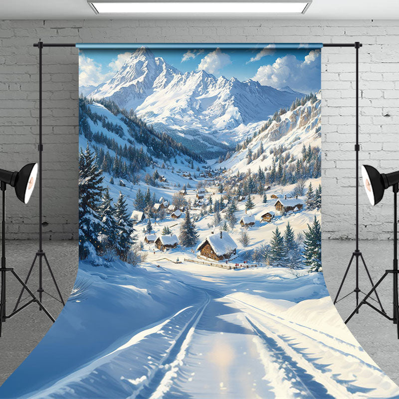 Aperturee - Aperturee Snowy Montain Wonderland White Winter Sweep Backdrop