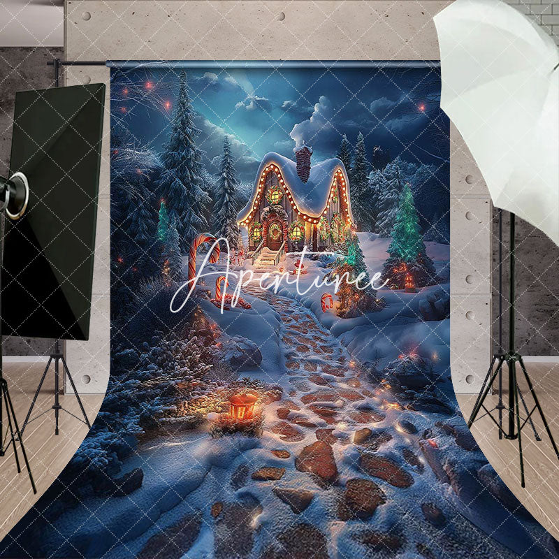 Aperturee - Aperturee Snowy Moon Night Cabin Forest Path Christmas Backdrop