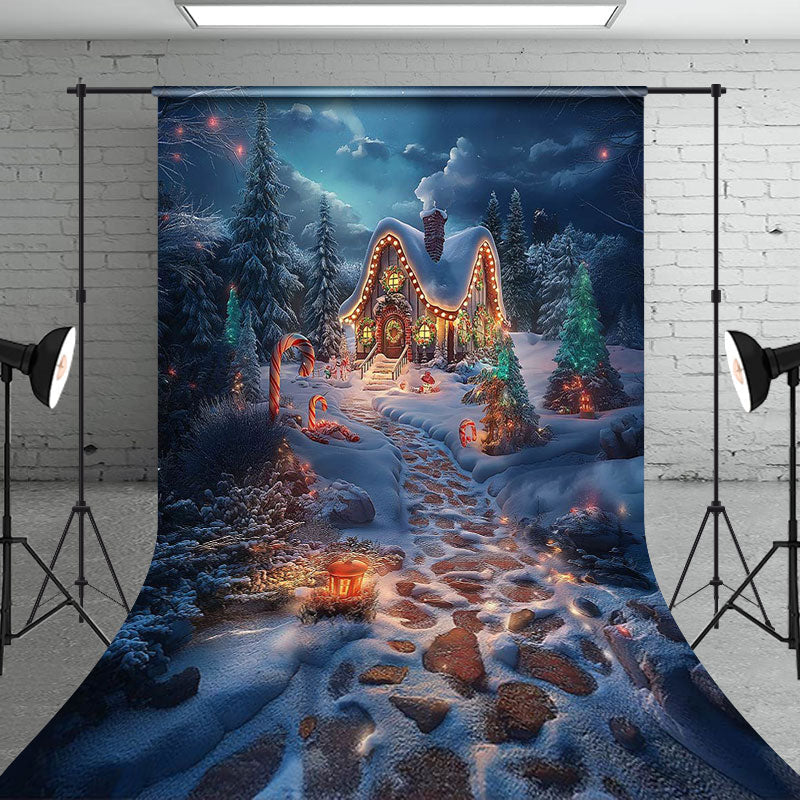 Aperturee - Aperturee Snowy Moon Night Cabin Forest Path Christmas Backdrop