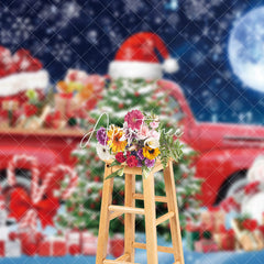 Aperturee - Aperturee Snowy Moon Night Red Truck Christmas Vibe Backdrop