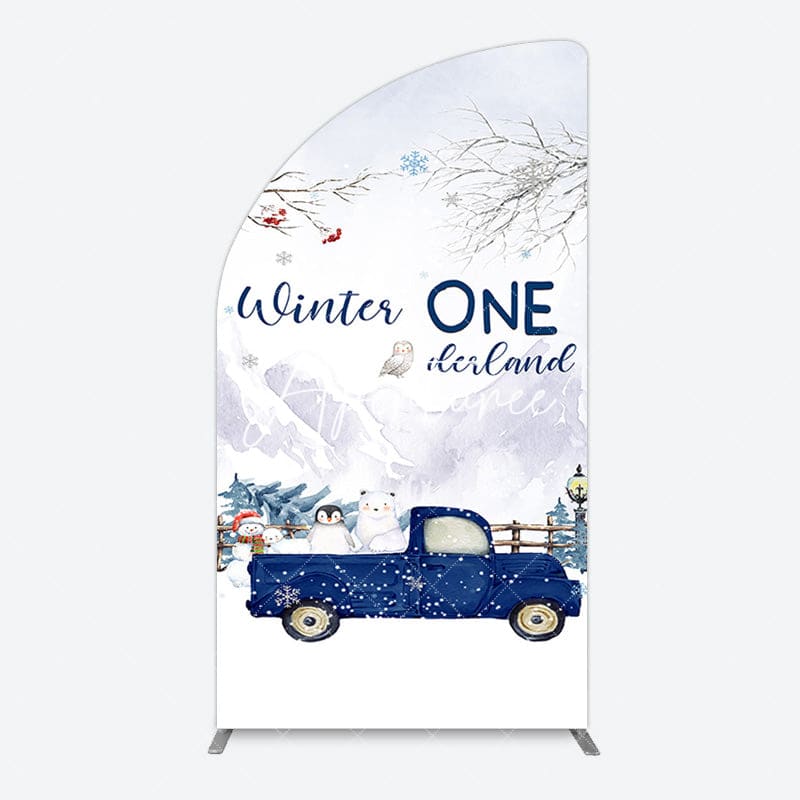 Aperturee - Aperturee Snowy Mountain Truck Winter Onederland Half Moon Arch Backdrop