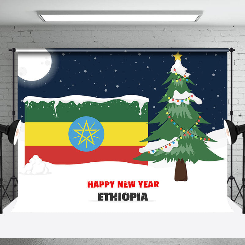 Aperturee - Aperturee Snowy Night Ethiopia Flag Happy New Year Backdrop