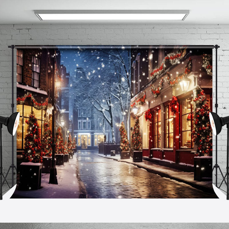 Aperturee - Aperturee Snowy Night Holiday Citywalk Lightlap Shop Backdrop