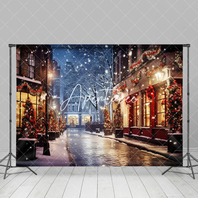 Aperturee - Aperturee Snowy Night Holiday Citywalk Lightlap Shop Backdrop