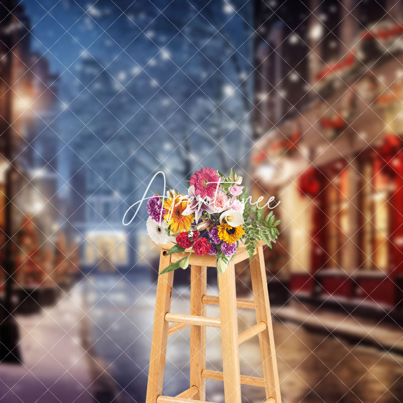 Aperturee - Aperturee Snowy Night Holiday Citywalk Lightlap Shop Backdrop