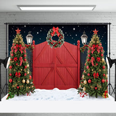 Aperturee - Aperturee Snowy Night Red Door Wreath Tree Christmas Backdrop