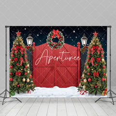 Aperturee - Aperturee Snowy Night Red Door Wreath Tree Christmas Backdrop