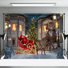 Aperturee - Aperturee Snowy Night Town Scene Santa Elk Christmas Backdrop