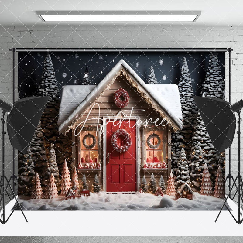 Aperturee - Aperturee Snowy Night Tree House Celebrates Christmas Backdrop