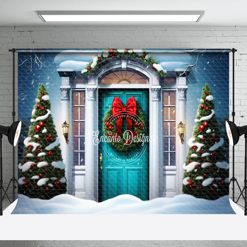 Aperturee - Aperturee Snowy Night Trees House Bow Tie Christmas Backdrop