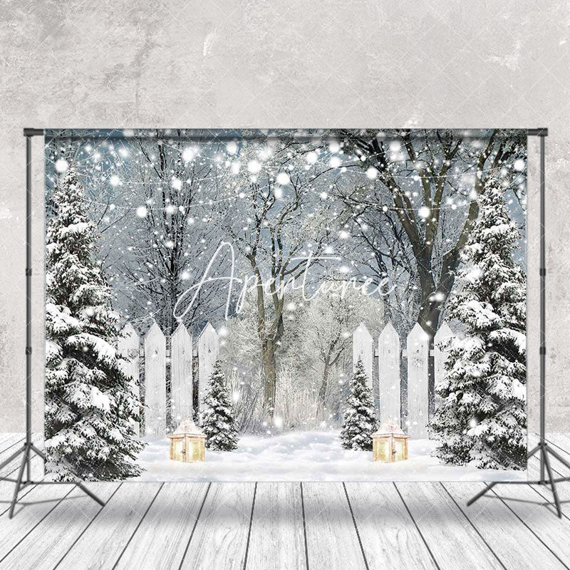 Aperturee - Aperturee Snowy Pine Forest String Lights Christmas Backdrop