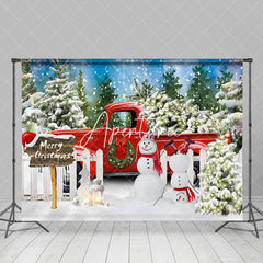 Aperturee - Aperturee Snowy Pine Tree Forest Red Truck Christmas Backdrop