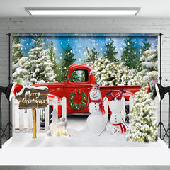 Aperturee - Aperturee Snowy Pine Tree Forest Red Truck Christmas Backdrop